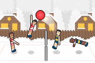 A volleyball game with a red ball and a man jumping.